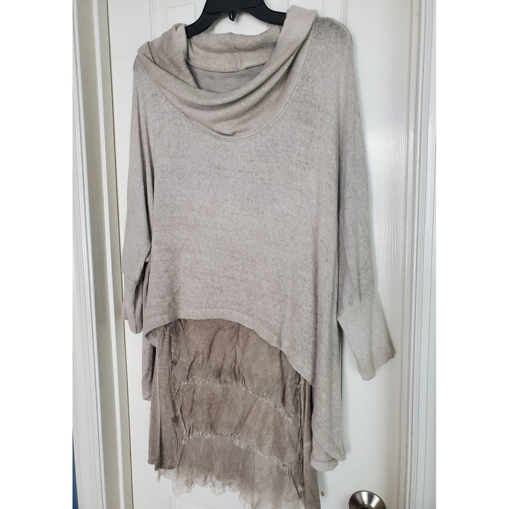 M Italy Lagenlook Tunic Beige Layered Cowl Neck Angora Blend Boho Chic Large